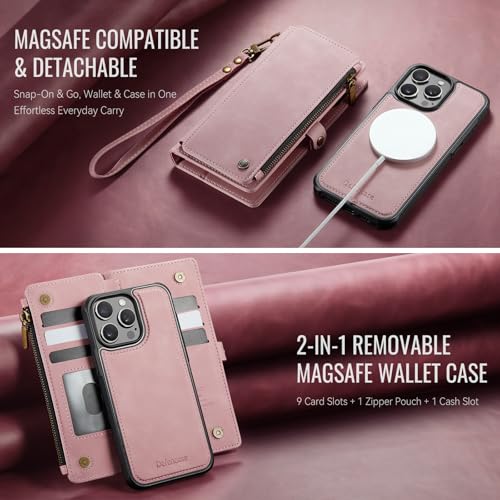 Defencase for iPhone 14 Pro Max Case Wallet Compatible with Magsafe, Pink | Drop-Proof Magnetic Detachable Phone Cases Cover, with RFID Bolcking Card Holder, Zipper Strap, PU Leather, Removable Wallet - color: (Detachable with Magsafe)-Pink