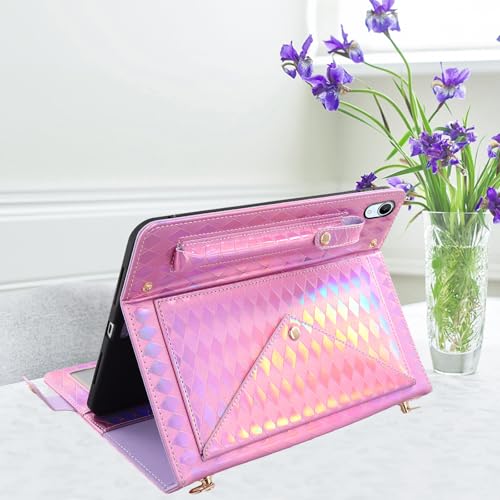 Crossbody Case for iPad mini 7 A17 Pro & iPad mini 6 (Mini 7th/6th Gen) 8.3" with Pencil Holder/Pockets, Shoulder Strap, Hand Strap, Handbag Folio Stand Envelope Magnetic Wallet Cover, Pink - color: 03# Pink Rhombus, size: iPad Mini 7th/6th Gen 8.3" (2024