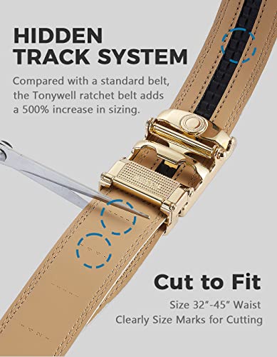 Ratchet Belts for Men, Leather Belts Adjustable Click | Business Casual, 1 3/8" Micro-Click Fit, Trimmable, No-Hole Hidden Track - color: Black/White Men Belt Gold Buckle