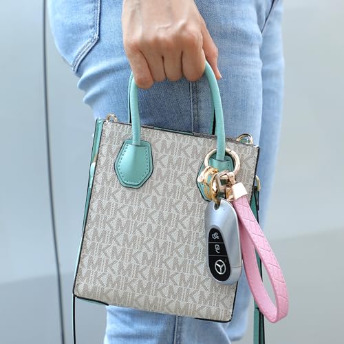 Weixiltc Quilted Leather Wristlet Keychain, D-Ring Car Key Holder | Quilted faux leather & gold hardware. D-ring for car keys + 2 split rings. Hands-free, anti-loss for commute & travel - color: Pink