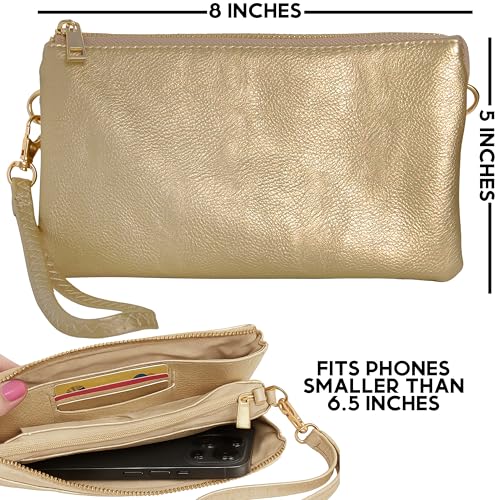 Vegan Leather Crossbody Wristlet Purse for Women - Small Convertible Clutch | Includes Shoulder Strap and Wrist Strap - color: Yellow Gold