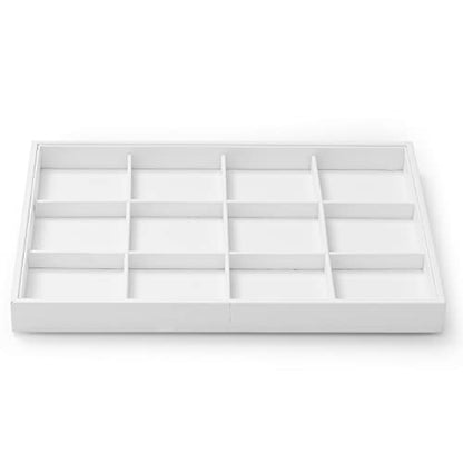 White PU Leather 12-Grid Jewelry Display Organizer Tray | for rings, earrings, necklaces and bracelets, stackable design for home dresser storage, jewelry store counter & trade show - size: 12 Grid