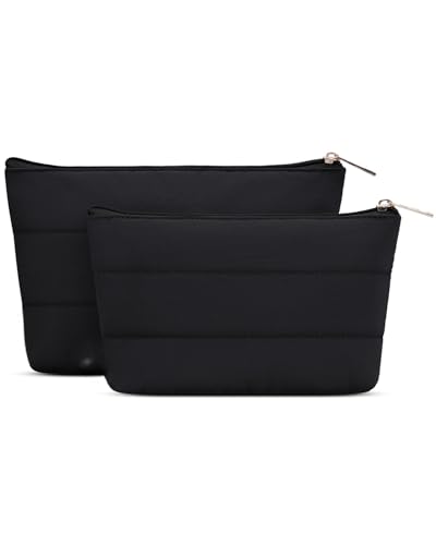 Wandering Nature Small Makeup Bag 2 Pack Cosmetic Bag for Purse, Puffer Quilted Makeup Pouch, Cute Travel Pouch with Zipper for Women, Black - color: Black-Puffer