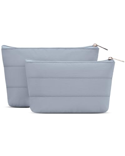 Wandering Nature Small Makeup Bag 2 Pack Cosmetic Bag for Purse, Puffer Quilted Makeup Pouch, Cute Travel Pouch with Zipper for Women, Gray Blue - color: Gray Blue