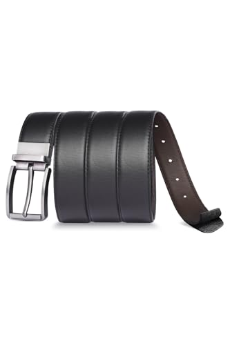 Men’s Casual Leather Belts - Reversible Belts For Men - Dual Side Adjustable buckle Dress Pants Mens Belts - color: Silver Round Buckle - Reversible Leather Belt, size: 48" - 50" Waist Adjustable