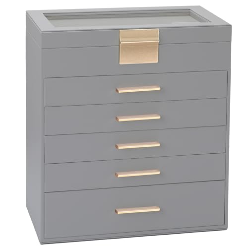 BOOVO Jewelry Boxes for Women, White and Black 6 Layer Large Jewelry Box for Necklace, Bracelet, Earrings, Rings Storage, Jewelry holder Organizer for Girls Gift (Grey, 6 layer) - color: Grey, size: 6 layer