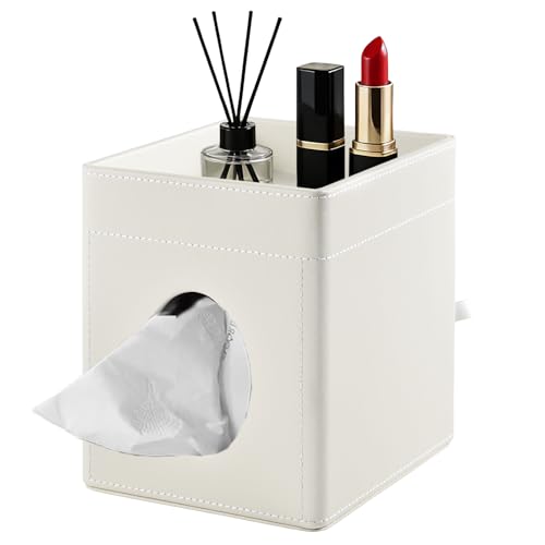Tissue Box Cover with Storage Tray Square Tissue Box Holder PU Leather Facial Tissues Organizer Tray for Bathroom Vanity Bedroom Office Car,Stylish Napkin Caddy Decorative Organizer,Cream - color: Cream