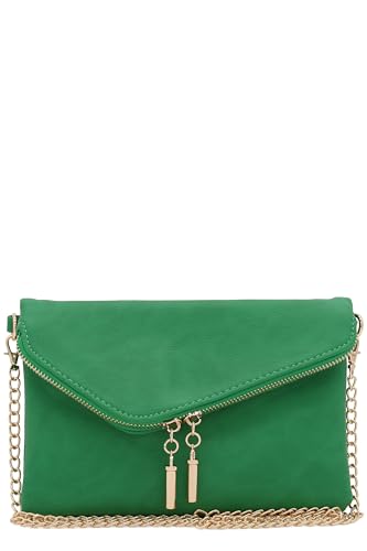 FashionPuzzle Envelope Wristlet Clutch Crossbody Bag with Chain Strap - color: Kelly Green