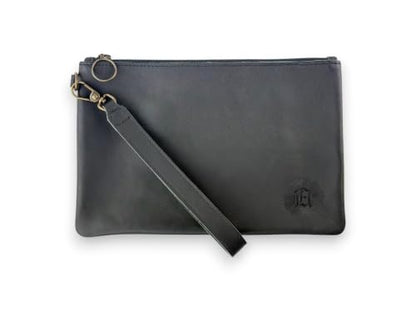 Leather Pouch with Zipper (Carbon Black, Medium w/Wristlet Strap) - color: Carbon Black, size: Medium w/ Wristlet Strap