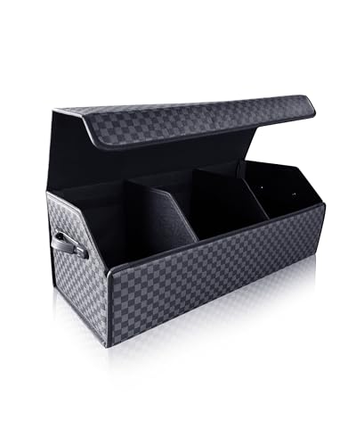 Fyzeoty Car Trunk Organizer for SUV and Sedan, Blue-Gray, 29.5 inches | Unique Blue‑Gray Plaid, Extra Large, Leather Storage Box, Magnetic Lid, Collapsible & Adjustable, Water‑Resist & Dust‑Proof - color: Checked, size: Extra Large
