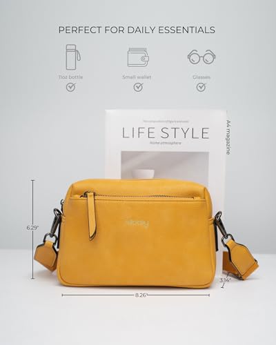 Alldaily Small Triple Zip Crossbody Purse for Women, Vegan Leather Phone Bag with Wide Shoulder Strap - color: Yellow