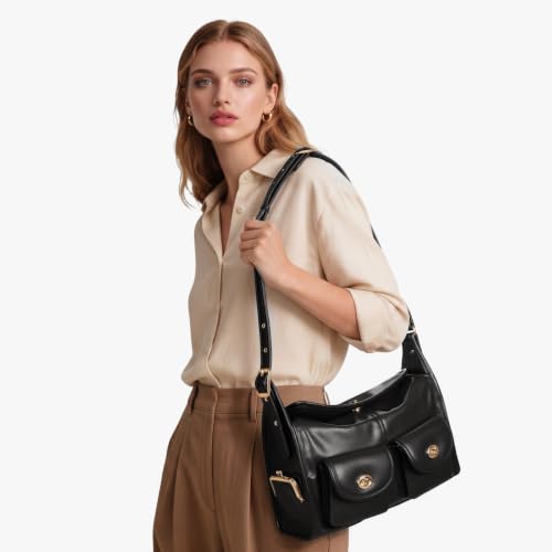 Turn Lock Shoulder Bag for Women Multi-Pocket Shoulder Hobo Handbags Large Kiss Lock Tote Crossbody Bags for Work - color: Black