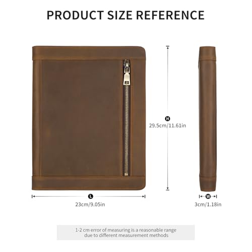Genuine Leather Portfolio with Zipper for Men/Women, Padfolio Business Resume A4/Pad, Folder Organizer, with Document Pocket, ID Window, Card Slots, Pen Holders (Brown) - color: Brown