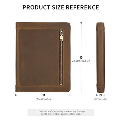Genuine Leather Portfolio with Zipper for Men/Women, Padfolio Business Resume A4/Pad, Folder Organizer, with Document Pocket, ID Window, Card Slots, Pen Holders (Brown) - color: Brown