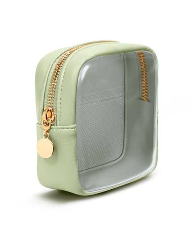 Wandering Nature Clear Makeup Bag for Purse Mini Make up Cute Cosmetic Bag Pouch for Women with Slip-in Pockets Travel Toiletry Essentials Eco Vegan Leather Organizer Bags(Patent Pending) - color: Green