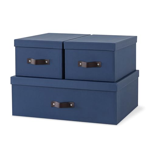 Soul & Lane - Decorative Storage Boxes with Handles, Set of 3, Navy | Sturdy Cardboard Photo Organizers with Lids for Office and Home, Blue Memory Storage Containers for Pictures and Papers - color: Navy