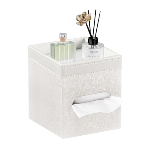 Tissue Box Cover Square, PU Leather Tissue Cube Box Holder with Storage Valet Tray, Decorative Tissue Holders, Modern Tissues Case Napkin Dispenser Facial Paper Organizer for Bathroom Vanity - color: Cream
