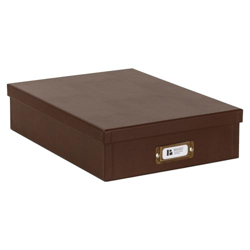 Bigso Oskar Fiberboard Document Storage Box with Lid for A4 and Letter Size Papers - Stylish, Sturdy, and Stackable Keepsake Box with Label Holder - W10.2in x D13.8in x H3.3in - Recycled Leather - color: Recycled Leather, size: 1 Pack