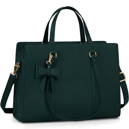 NUBILY Laptop Bag for Women 15.6 inch Leather Work Tote Bag | Waterproof Computer Bag with Bow Large Briefcase with Multi-Pockets Handbag Purse for Business Office Commuting Dark Green - color: Dark Green