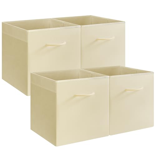 StorageWorks 13x13 Storage Cubes, Cube Organizer Bins, Beige, 4-Pack | Reinforced Handle & Front Panel, Faux Leather Front, Non-woven Fabric, Collapsible, Space-Saving, For Closet, Bedroom, Office - color: Beige, size: 13 Inch
