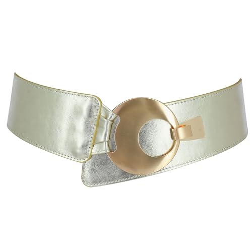 FASHIONGEN Women's wide genuine leather belt with a round cross buckle SOLAINE - color: Golden, size: Small-Large