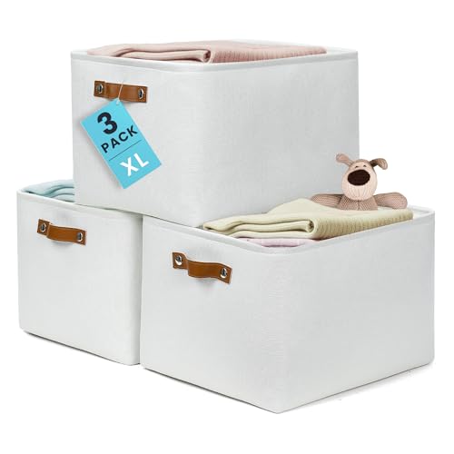 OrganiHaus 16x12.5in Storage Baskets, 3 Pack - Fabric Bins for Shelves | Vegan leather handles; a decorative linen closet organizer, towel and clothes container - color: Full Off-White, size: Extra Large - 3pc