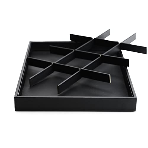 Black PU Leather 12-Grid Flat Jewelry Display & Organizer Tray | Black PU leather 12-grid divided jewelry tray, separate compartments for rings, necklaces, watches, retail & dresser display - style: 12 Grids