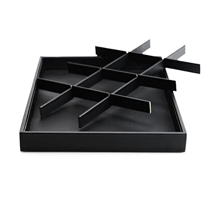 Black PU Leather 12-Grid Flat Jewelry Display & Organizer Tray | Black PU leather 12-grid divided jewelry tray, separate compartments for rings, necklaces, watches, retail & dresser display - style: 12 Grids