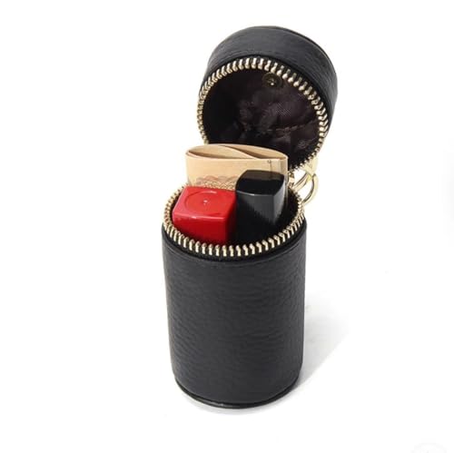 1 PCS Genuine Leather Cylinder Keychain for Women, Black Mini Lipstick Pouch & Car Key Holder, Fashionable Small Wallet for Coins, Chic Purse Accessory Gift