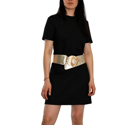 FASHIONGEN Women's wide genuine leather belt with a round cross buckle SOLAINE - color: Golden, size: Small-Large