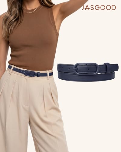 JASGOOD Women Skinny Belt for Jeans Dresses Fashion Thin Waist Belt with Oval Pin Buckle 0.7" Width - color: Navy Blue, size: Fit waist size 36''-40''