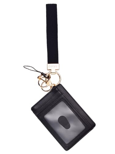 Keychain Wristlet Card Wallet, Genuine Leather RFID Holder, 8 Slots | Elastic Strap Keeps ID, Cash, Keys, and Cards Ready for Work, School, Travel, Theme Parks, and Daily Errands - color: Black