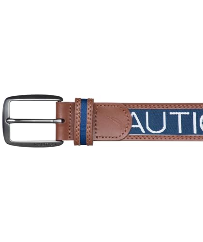 Nautica Men's Signature Leather and Canvas Belt | Ribbon Detail | Flag Design | Classic | Casual | Metal Buckle - color: Signature Logo - Navy, size: 38"