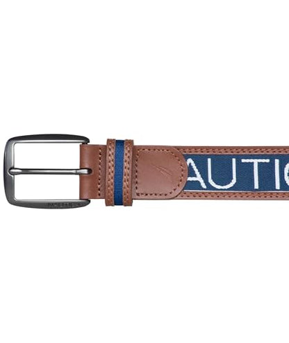 Nautica Men's Signature Leather and Canvas Belt | Ribbon Detail | Flag Design | Classic | Casual | Metal Buckle - color: Signature Logo - Navy, size: 38"