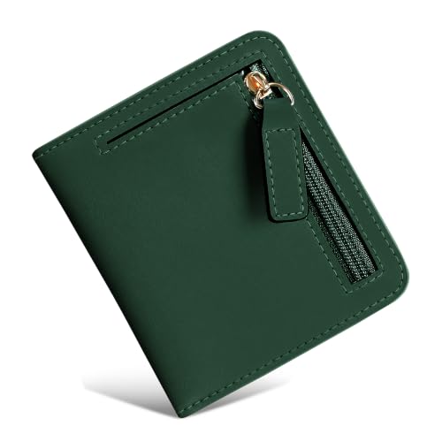 Small Wallet Women RFID Blocking Leather Bifold Compact Card Holder Wallet for Women With Zipper Coin Pocket ID Window (Green) - color: Green