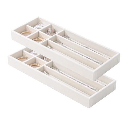 2Pcs Desk Drawer Storage Tray, Nightstand Organizer Tray, Necklace Bracelet Ring Earring Jewelry Display Tray, Grid Table Organizer Holder Tray for Sunglass, Phone, Watch, Perfume (7 grid)/Beige - color: Beige, size: 7 Grid