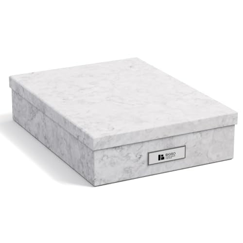 Bigso Oskar Fiberboard Label Frame Document Letter Box for Important Paperwork A4 or Letter Size - Durable Keepsake Box with Lid and Metal Label Holder - 3.3in x 10.2in x 13.8in - Marble - color: Marble, size: 1 Pack