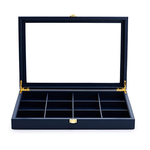 Oirlv 12 Gird Jewelry Tray with Acrylic Lid Premium Blue Leather Jewelry Organizer Box Transparent Lid Bracelet Bangle Small Watch Storage Case for Women Gift - color: Blue, size: 12 Grid
