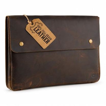 Moonster Leather Folder, Full Grain Leather File Folder Organizer Document Holder, Portfolio for Men –Spacious Folio Laptop Sleeve Case - Fits 13" 14" 15” Laptops, MacBook and Tablets - color: Dark Brown