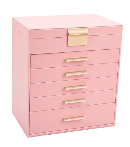BOOVO Jewelry Boxes for Women, White and Black 6 Layer Large Jewelry Box for Necklace, Bracelet, Earrings, Rings Storage, Jewelry holder Organizer for Girls Gift (Pink, 6 layer) - color: Pink, size: 6 layer