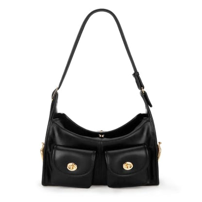 Turn Lock Shoulder Bag for Women Multi-Pocket Shoulder Hobo Handbags Large Kiss Lock Tote Crossbody Bags for Work - color: Black