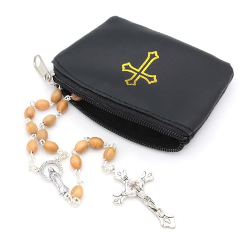 Black Rosary Pouch with Zipper & Gold St. Thomas Cross Imprint | Compact Leatherette Rosary Case for Small to Medium Rosaries | Protective Travel Rosary Holder for Men & Women - color: Black