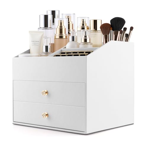 Homeanda Makeup Organizer with Drawers, PU Leather Cosmetic Storage Box Large Cosmetic Display Case for Skincare, Lipstick, Brushes, Bedroom Storage(White) - color: White
