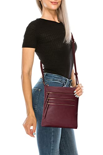 Crossbody Bag Functional Multi Pocket Messenger Purse Top Zip Closure Shoulder Handbag With Adjustable Strap - color: Burgundy