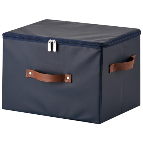 Storage Bins with Zipper Lid PU leather Storage Boxes Leather Fabric Collapsible Lidded Baskets Cube with Handle Decorative Shelves Closet Office Organizer Container(Dark Blue, Large Size) - color: Dark Blue, size: Large(set of 1)