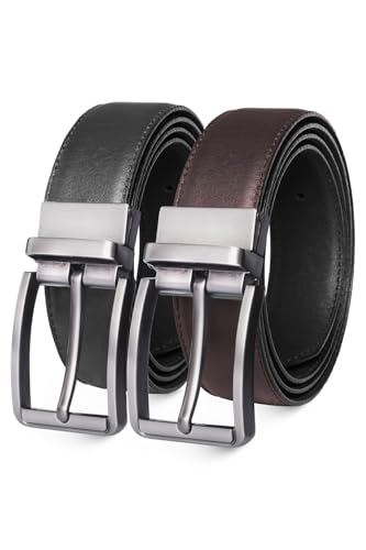 Men’s Casual Leather Belts - Reversible Belts For Men - Dual Side Adjustable buckle Dress Pants Mens Belts - color: Silver Round Buckle - Reversible Leather Belt, size: 48" - 50" Waist Adjustable