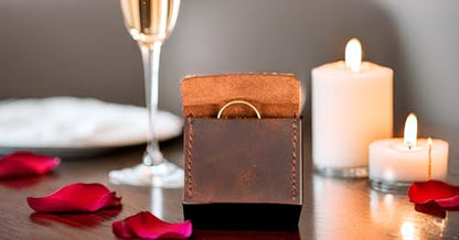 Handmade Brown Leather Wedding Ring Case, Engagement Ring Pouch for Bride and Groom, Travel Jewelry Storage, Proposal RingHolder, and RingBearer, Small Jewelry Pouch - color: Brown