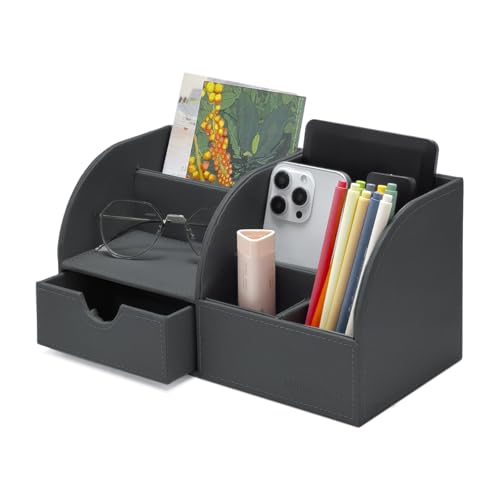 UnionBasic Desk Organizer - Multifunctional Leather Desktop Pen Holder Storage Box - Business Card/Pen/Pencil/Mobile Phone/Stationery Holder, Taiga Dark Gray - color: Taiga Dark Gray