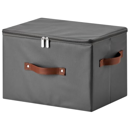 Storage Bins with Zipper Lid PU leather Storage Boxes Leather Fabric Collapsible Lidded Baskets Cube with Handle Decorative Shelves Closet Office Organizer Container(Dark Gray, Large Size) - color: Dark Gray, size: Large(set of 1)