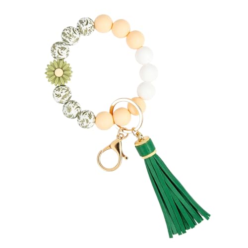 elephtree Wristlet Wallet Keychain,Beaded Silicone Bracelet PU Leather Card Holder Tassel Key Ring Bangle for Women Girls - color: Green1